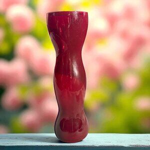 Vintage Ruby Red Sculptural Art Glass Vase Organic Modern 9.75"